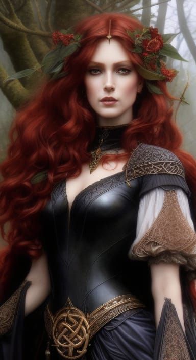 Red-Haired Hedge Witch in Pre-Raphaelite Style