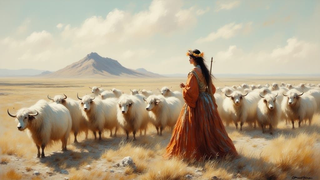 Exoplanet Nomad with White Yaks: Gouache Style