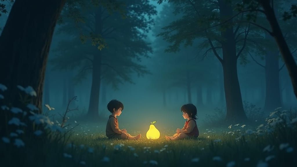 At night, children sit in a circle on a forest clearing, each with a glowing pear in front of them. A mysterious, sacred...