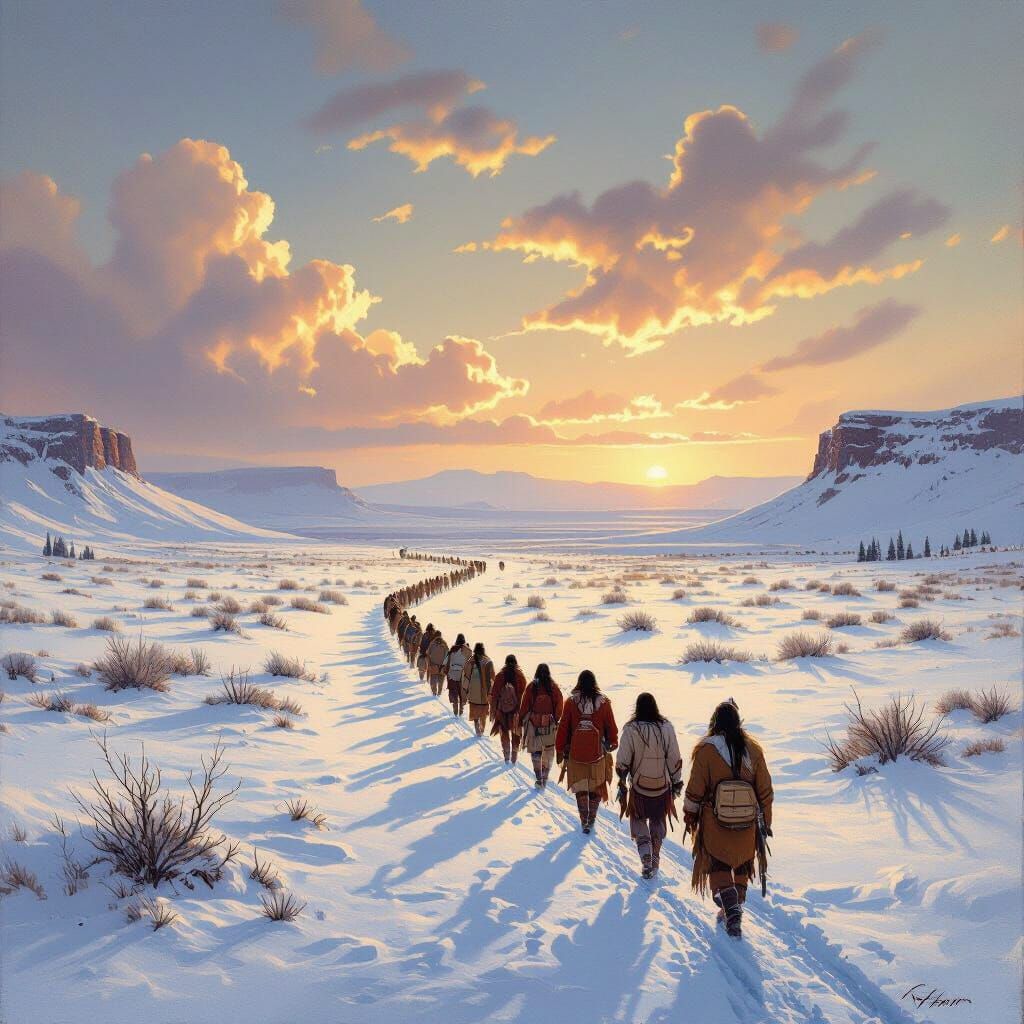 Native Americans in Snowy Mountain Pass, Dreamlike Sky