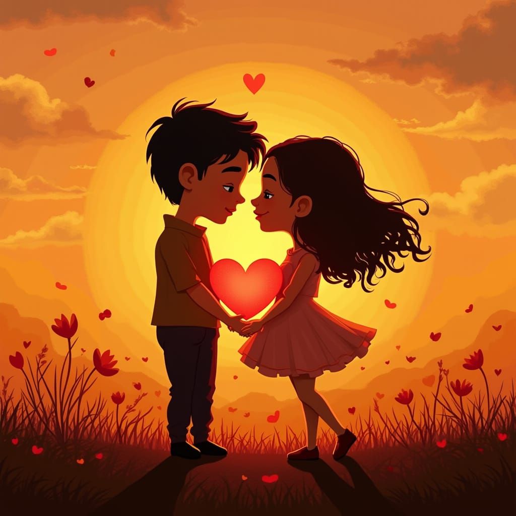 Whimsical Sunset Silhouette of Lovers with Glowing Hearts