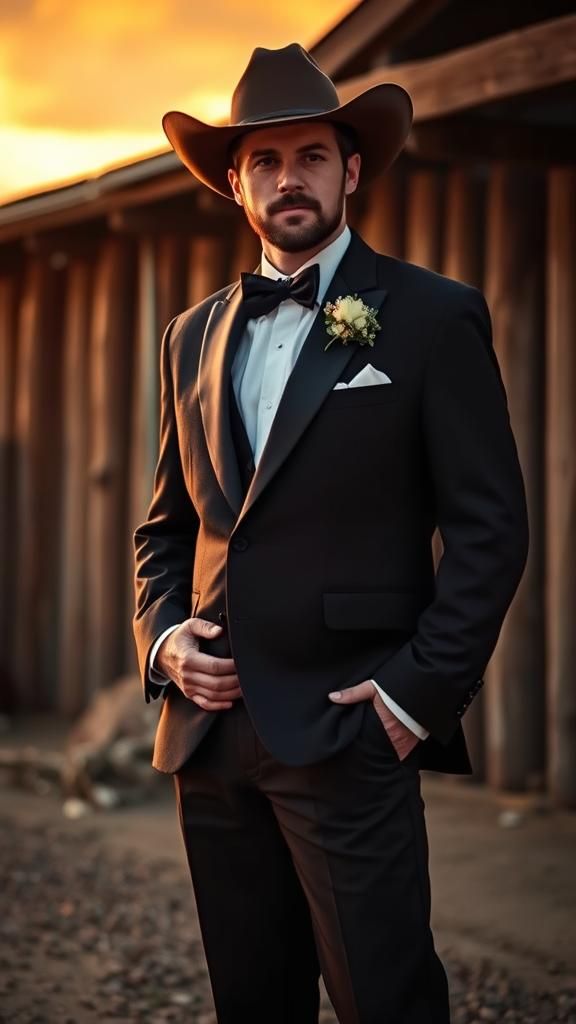 Western Wedding Groom in Tuxedo at Sunset