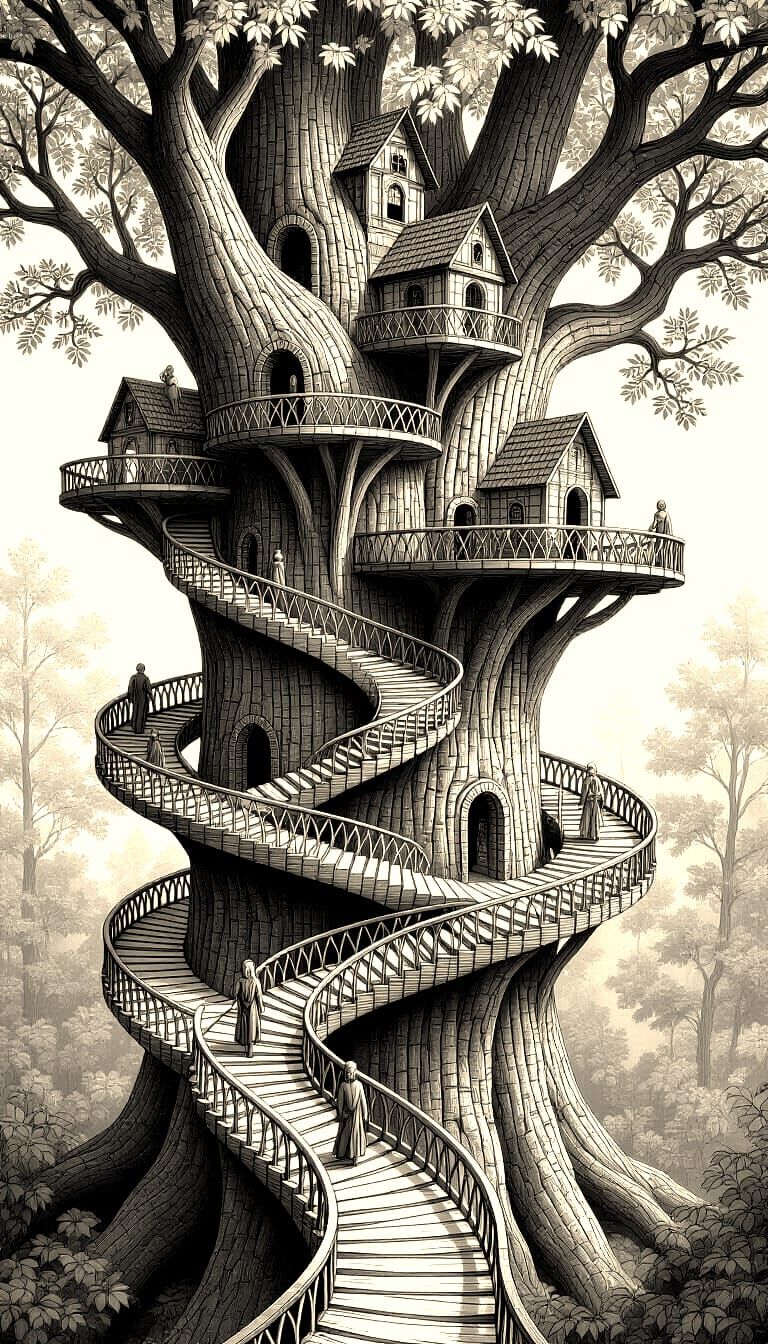 Escher-Inspired Elven City in Ancient Forest Trees