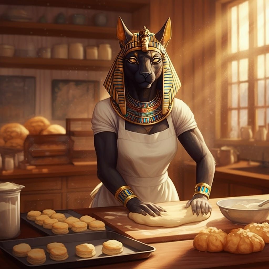 Sekhmet Bakes in a Sunlit Bakery