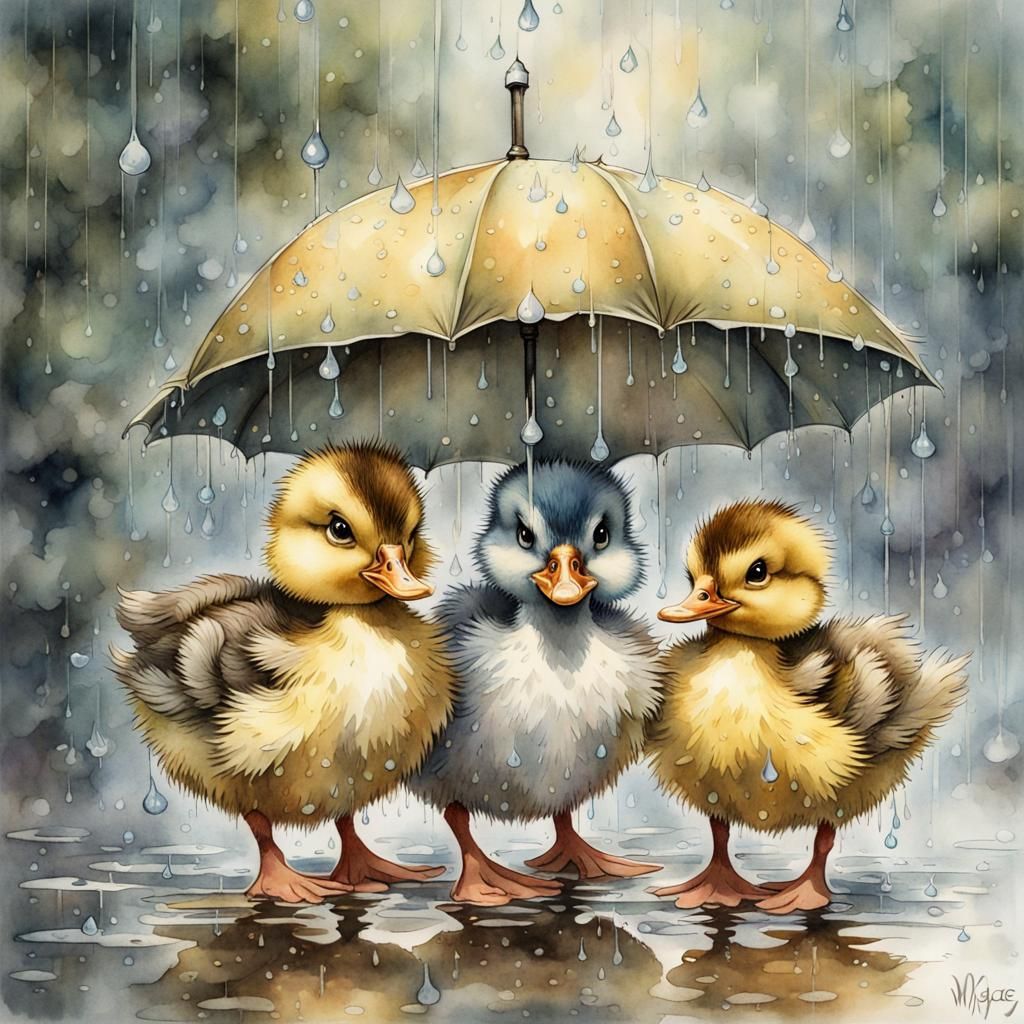 Whimsical Ducks in the Rain, Watercolor Painting