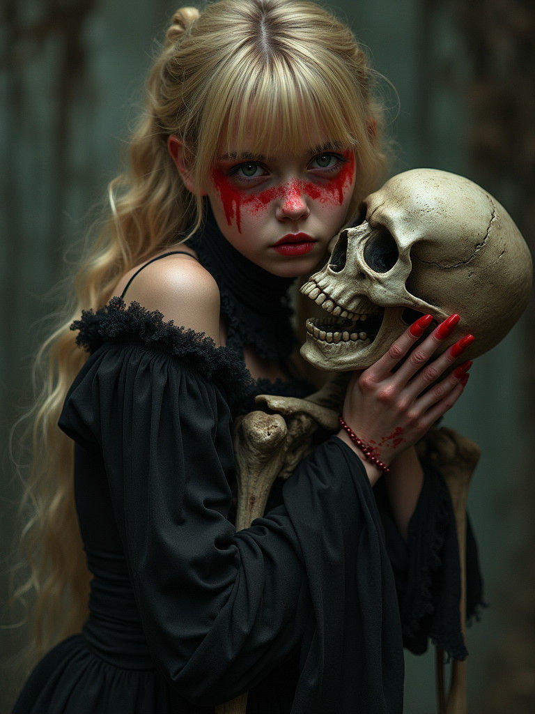 Woman Embracing Skeleton in Gothic Mystical Style