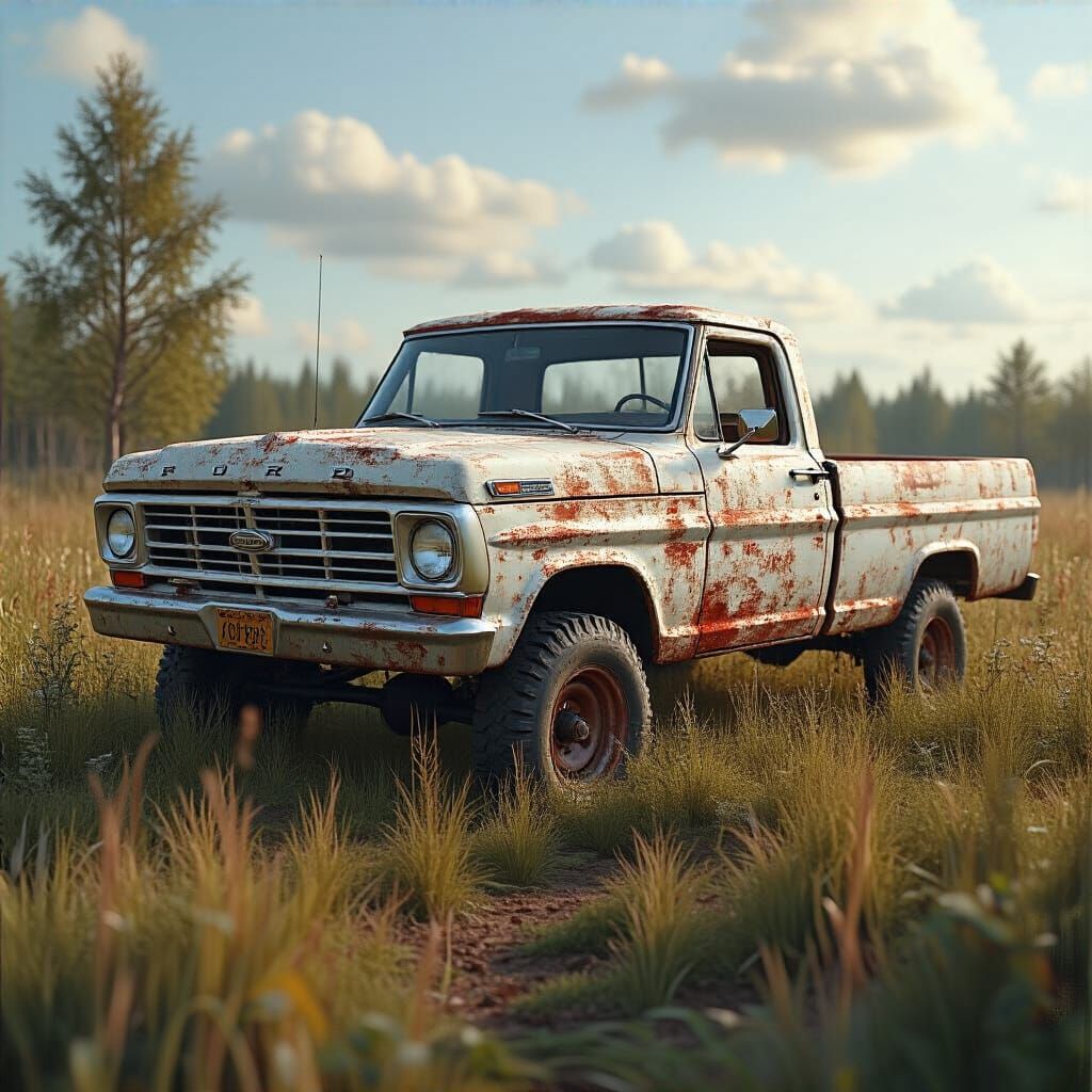 Rusty Ford F150 in Overgrown Field, Hyperrealistic
