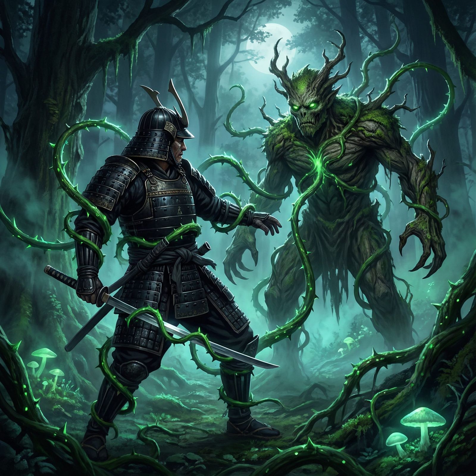 Samurai Battles Plant Demon in Eerie Moonlit Forest
