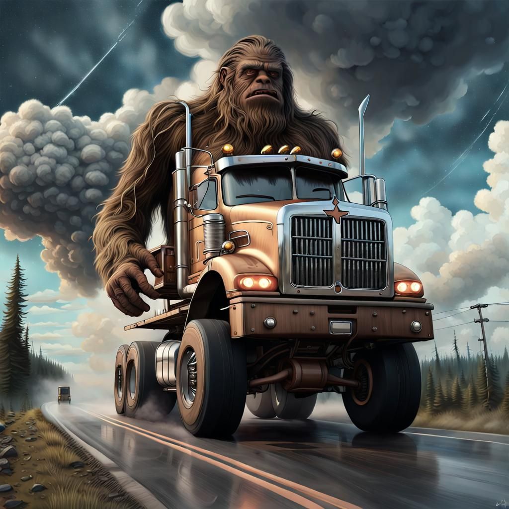 Sasquatch Drives Steampunk Truck in Starry Sky