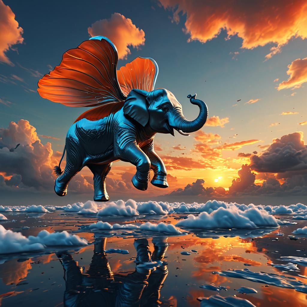 Chrome Elephant Soaring Through Sunset Sky