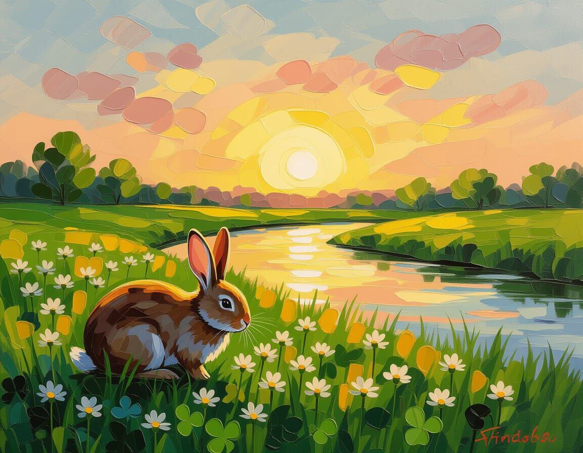 Bunny Grazing by River at Sunrise, Impasto Style