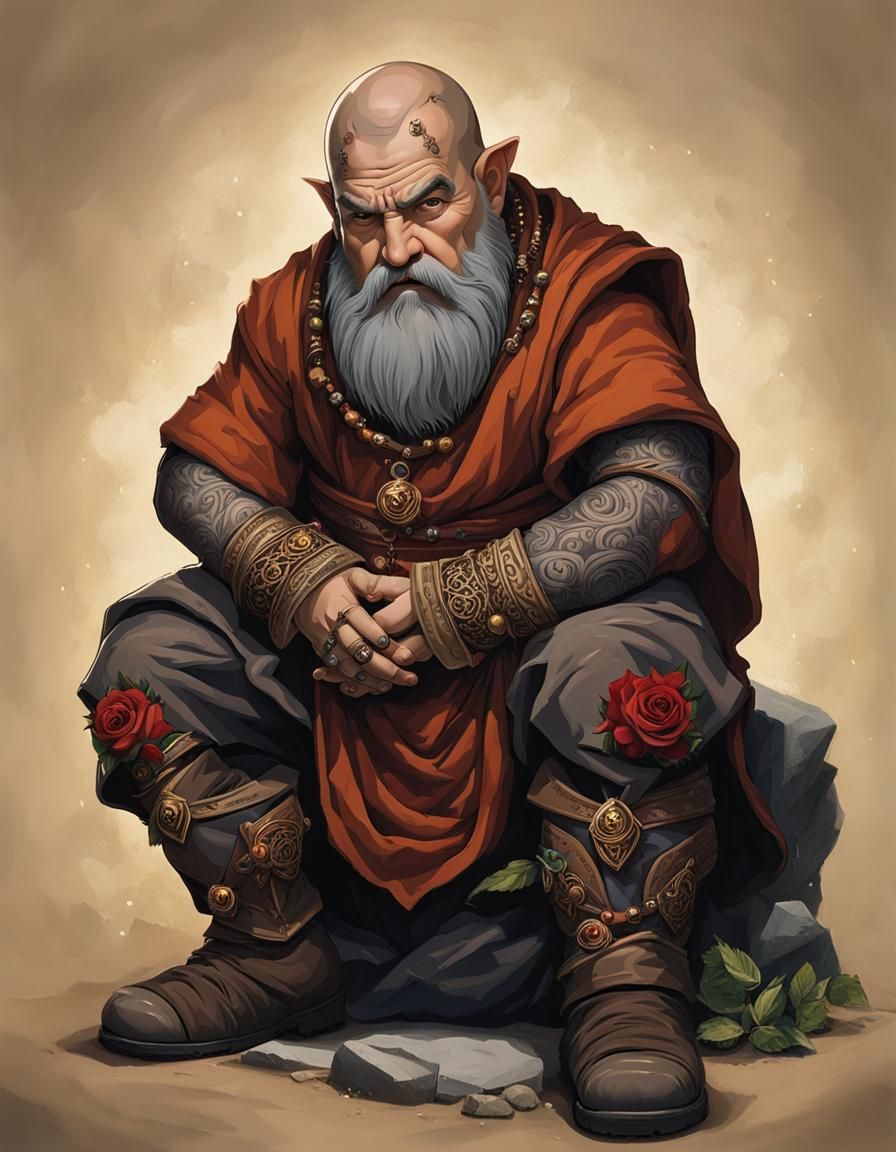 Blind Dwarf Monk with Rose Tattoos and Magic