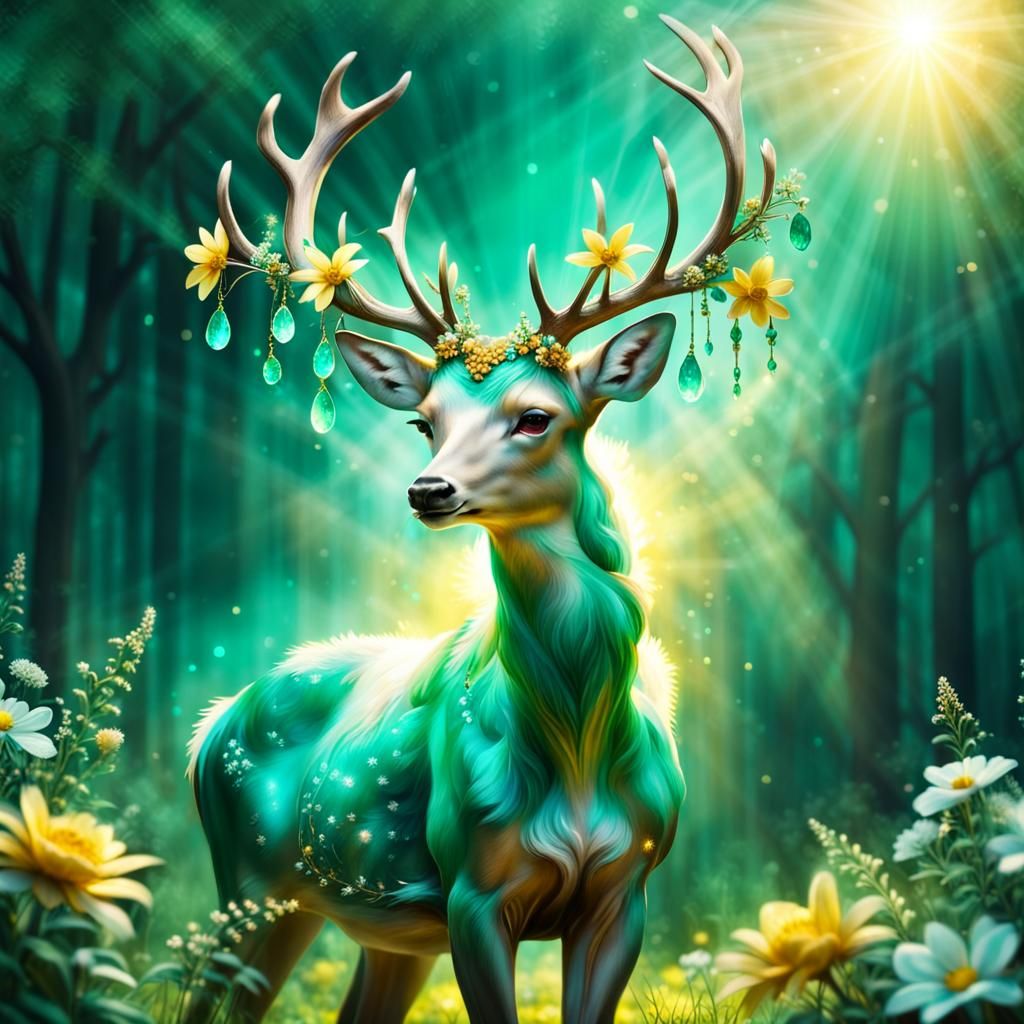 Fantasy Deer with Emeralds and Magical Lights
