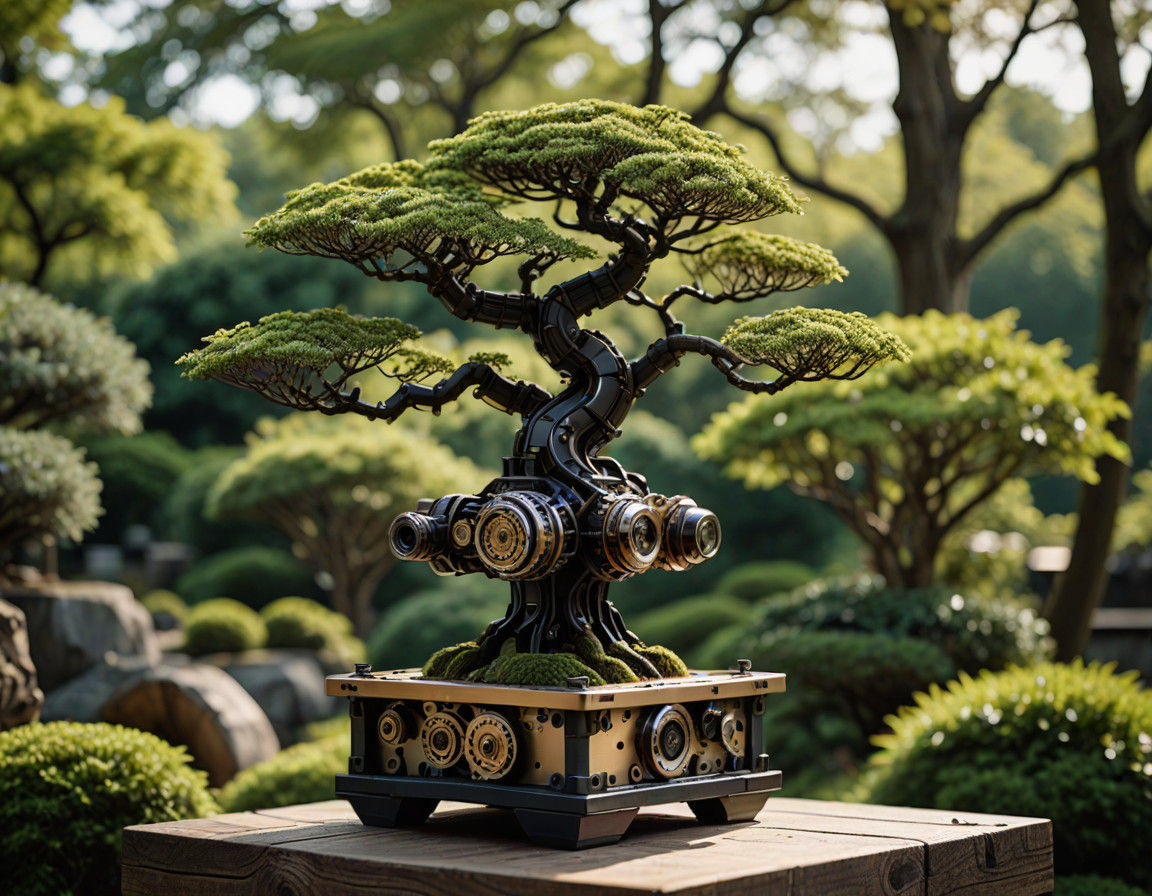 Cyberpunk Bonsai Sculpture: Industrial Oasis in Japanese Gar...