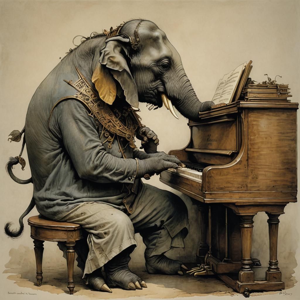 Elephant Playing Piano in Whimsical Style