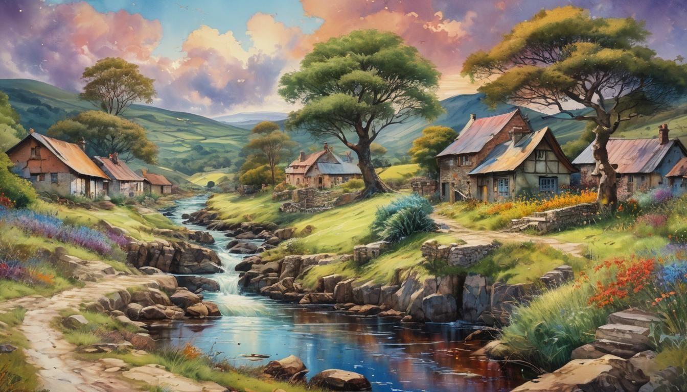 Vibrant Landscape with Colorful Watercolor Background