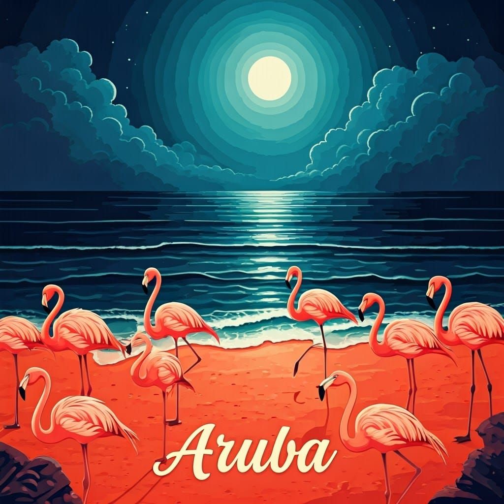 Flamingos on Red Sand Beach at Night