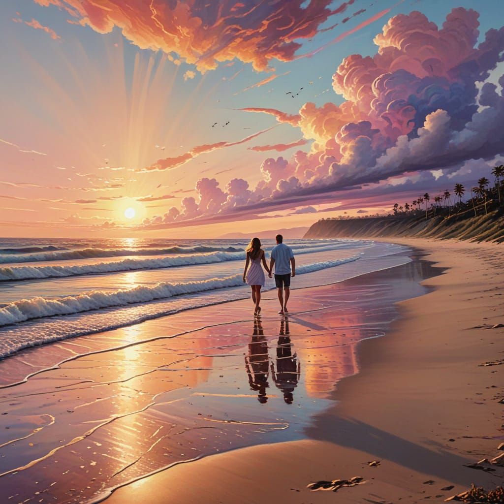 Romantic Beach Sunset in Candyland Gouache Style