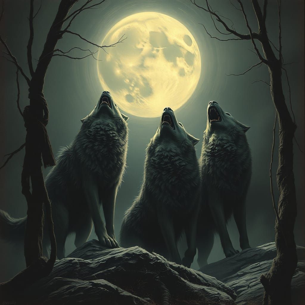 Wolves Howling at the Hunter's Moon in Horror Style