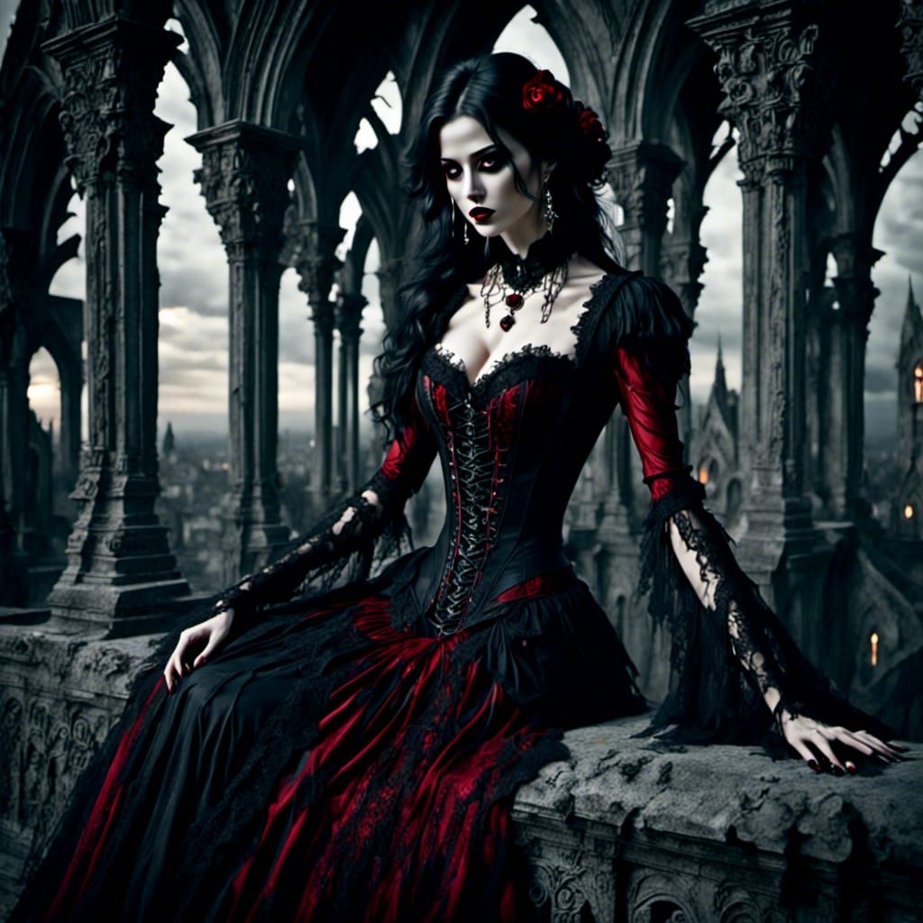 Vampire Beauty Overlooking City in Gothic Style
