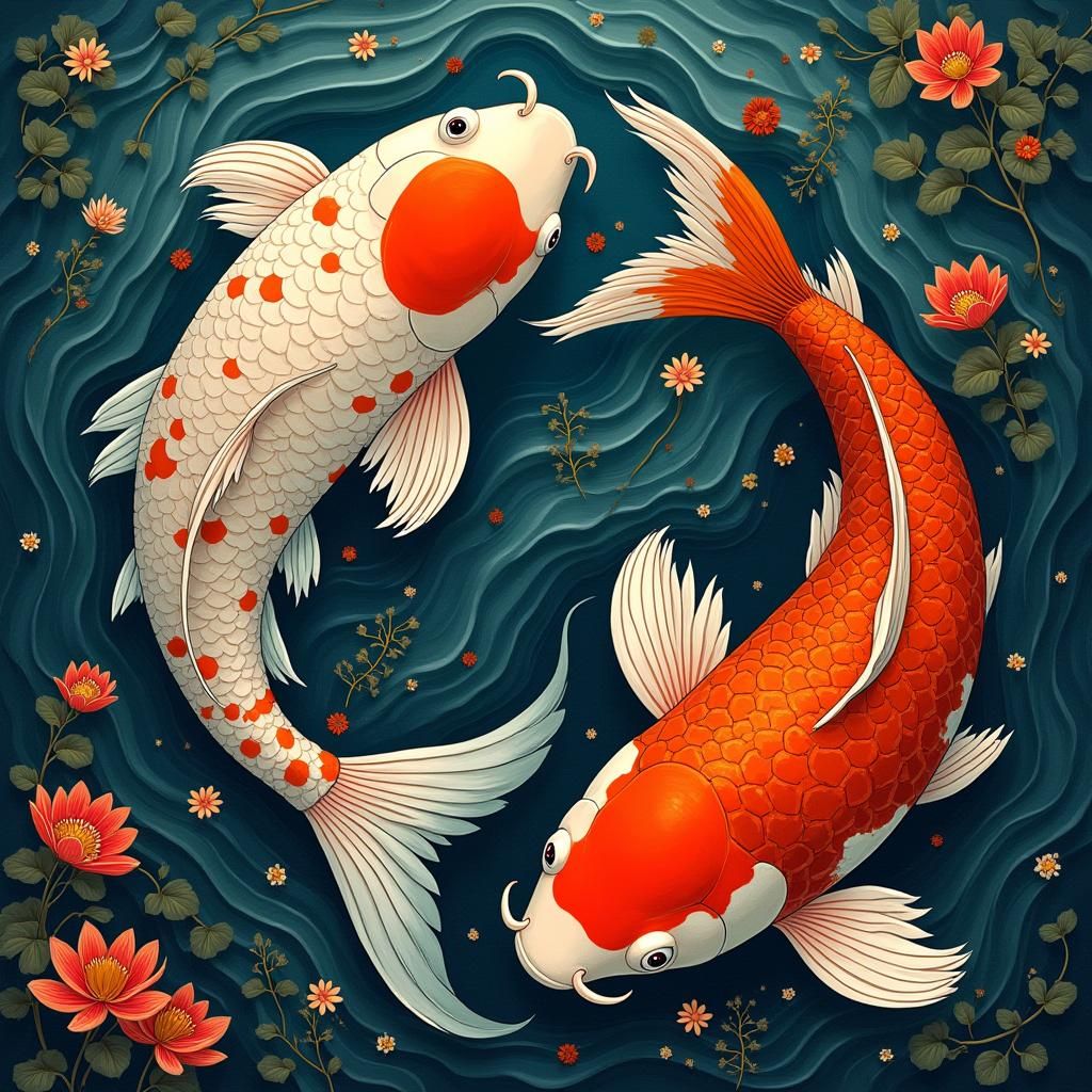 Harmonious Koi Fish in Surreal Anime Style