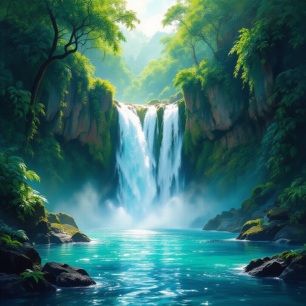 Lush Waterfall in Gouache Style