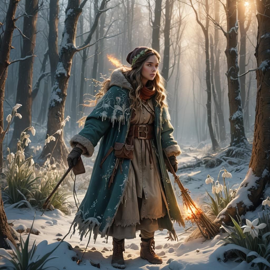 Girl Searches for Snowdrops in Winter Wonderland