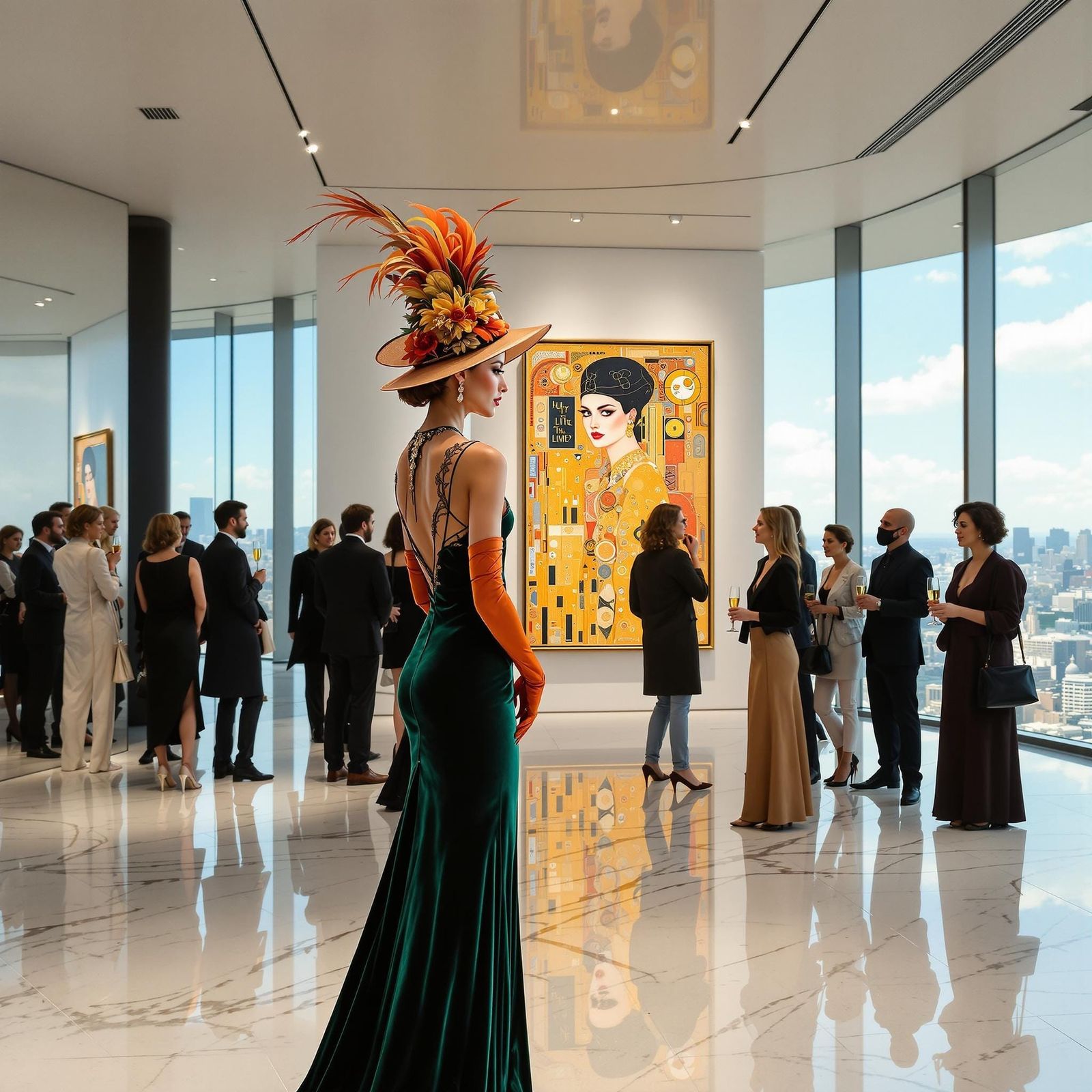 Elegant Woman in Modern Art Gallery with City View