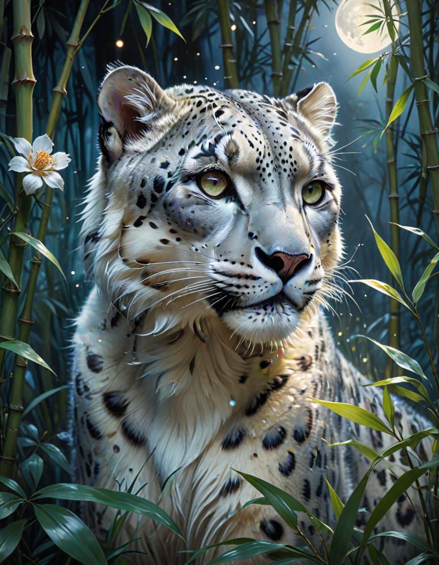 Majestic Snow Leopard in Moonlit Forest