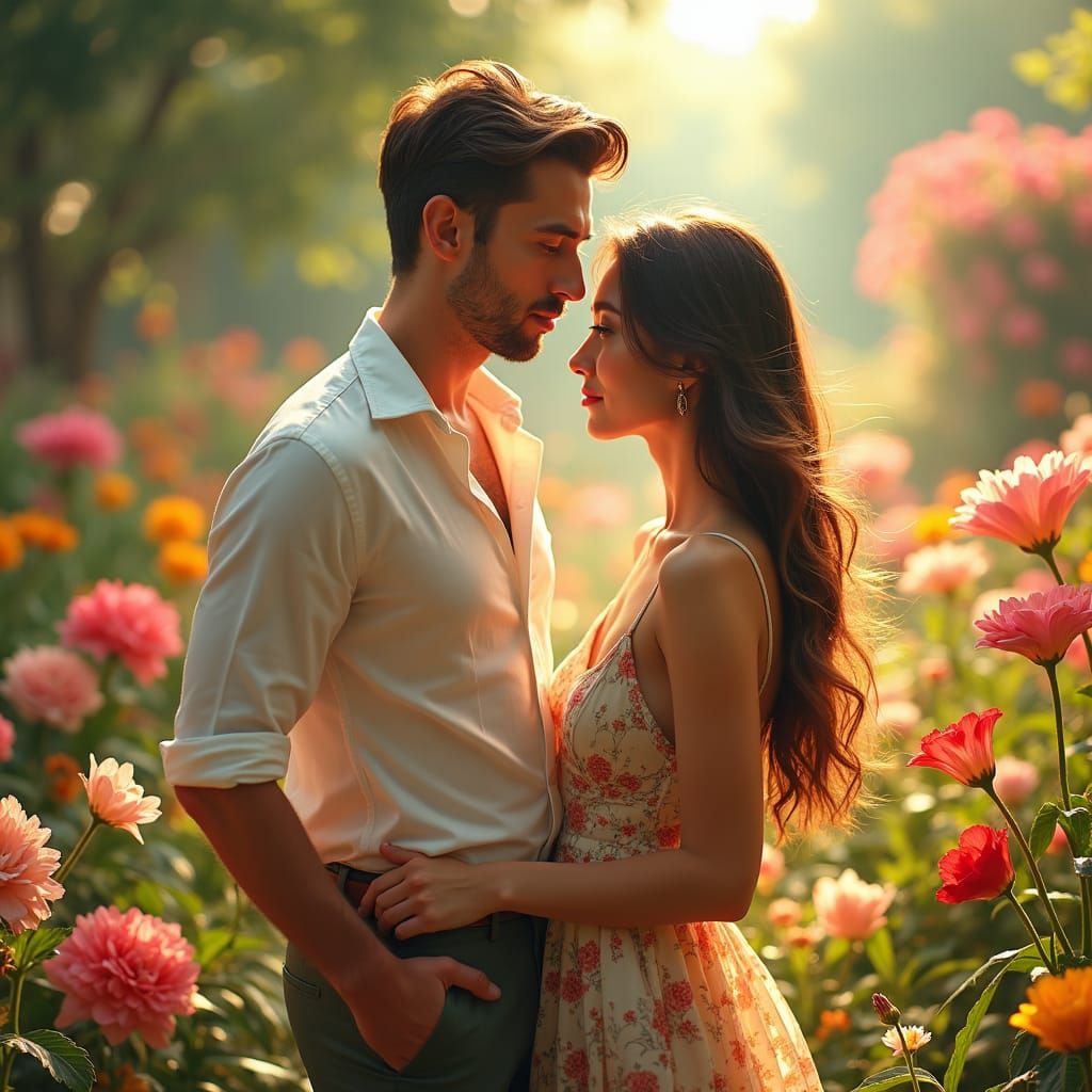 Elegant Couple in Lush Flower Garden