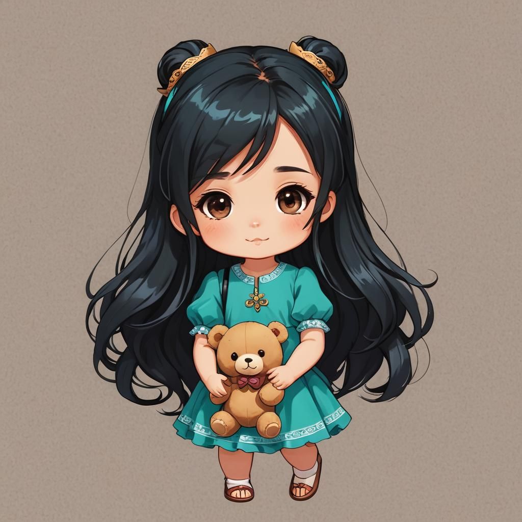Chibi Girl with Teddy Bear in Teal Dress
