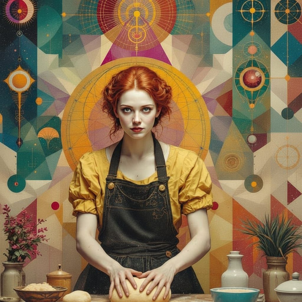 Redhead Baker Kneading Dough in Alchemical Kitchen