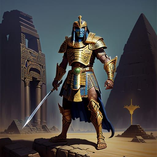 Mystical Warrior in Ancient SCARAB Armor, Egyptian Ruins, Go...