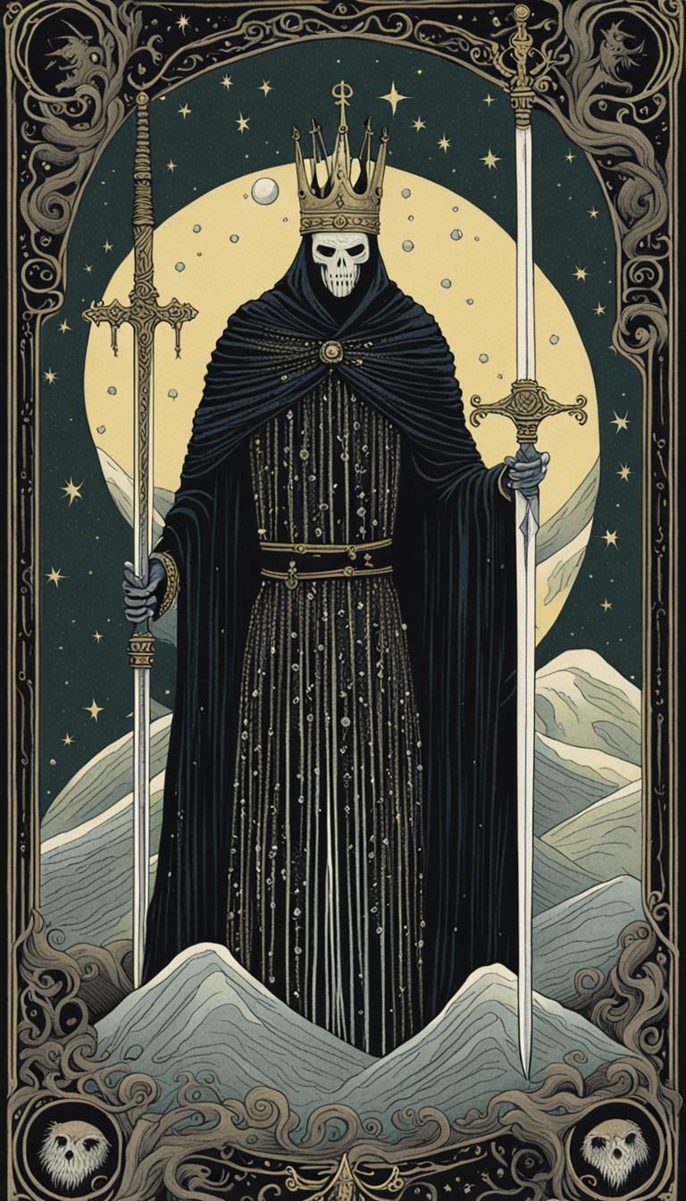 King of Swords Tarot Card in Folk Horror Style