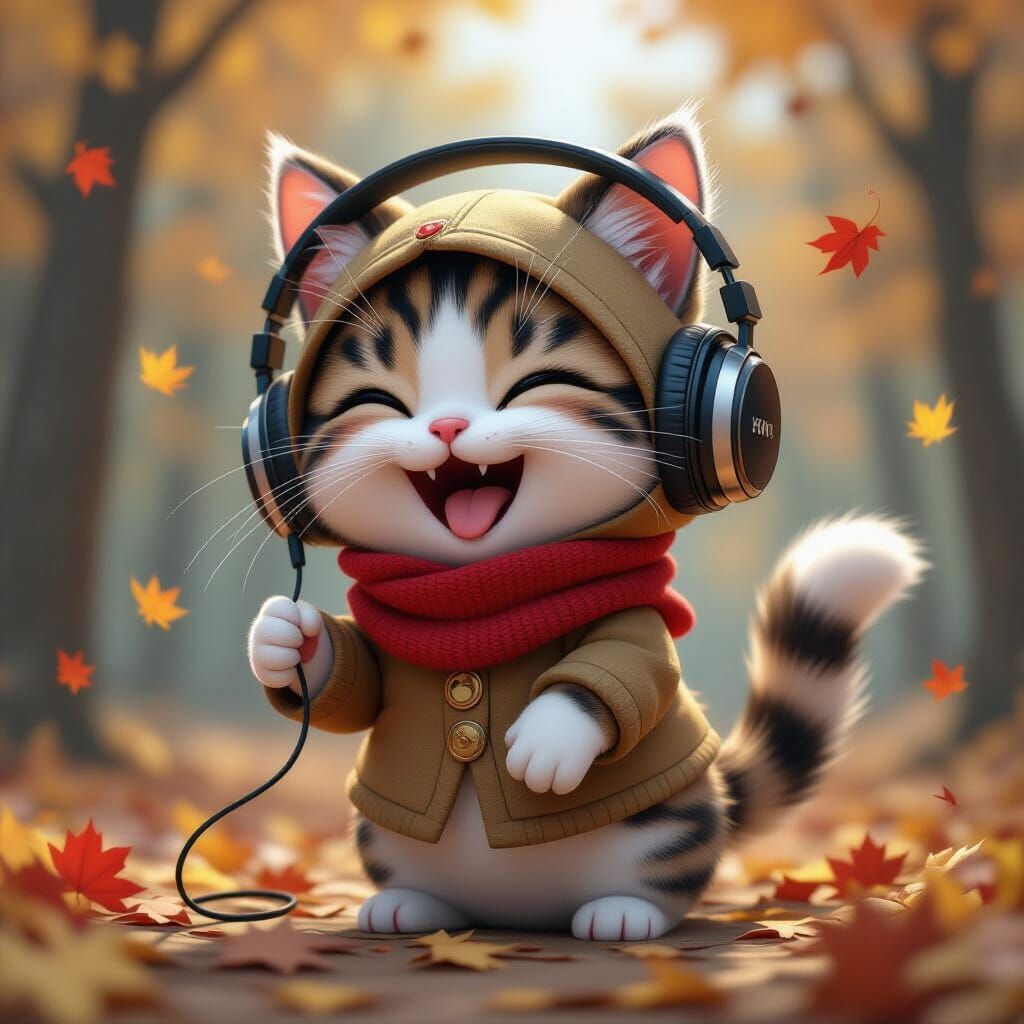 Chibi Cat Laughing in Autumn Storm 3D Anime Art