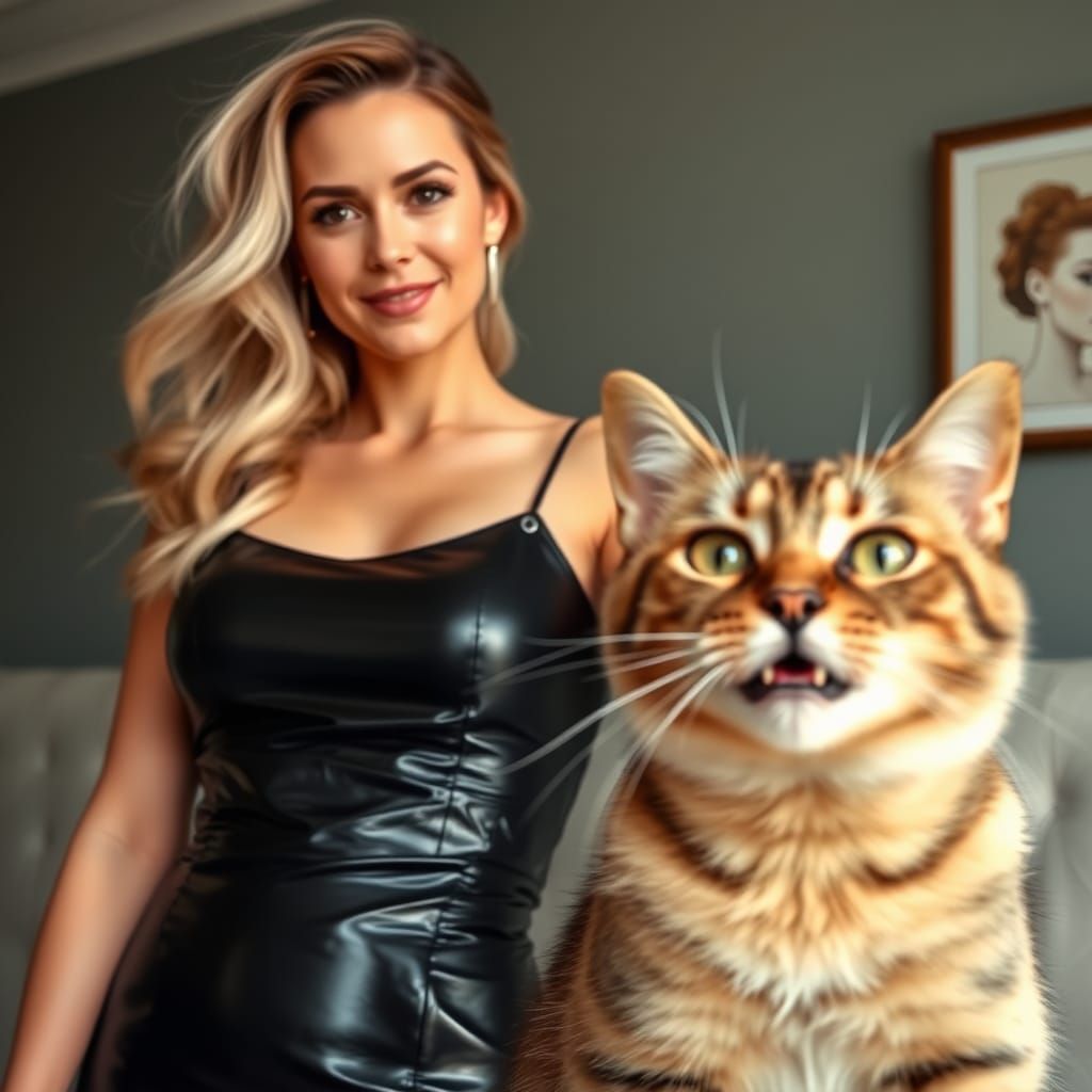 Woman in Latex Dress with Cute Photobombing Cat
