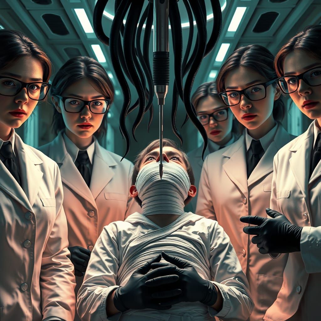 Hyperrealistic Portrait of Scientists with Patient in Lab
