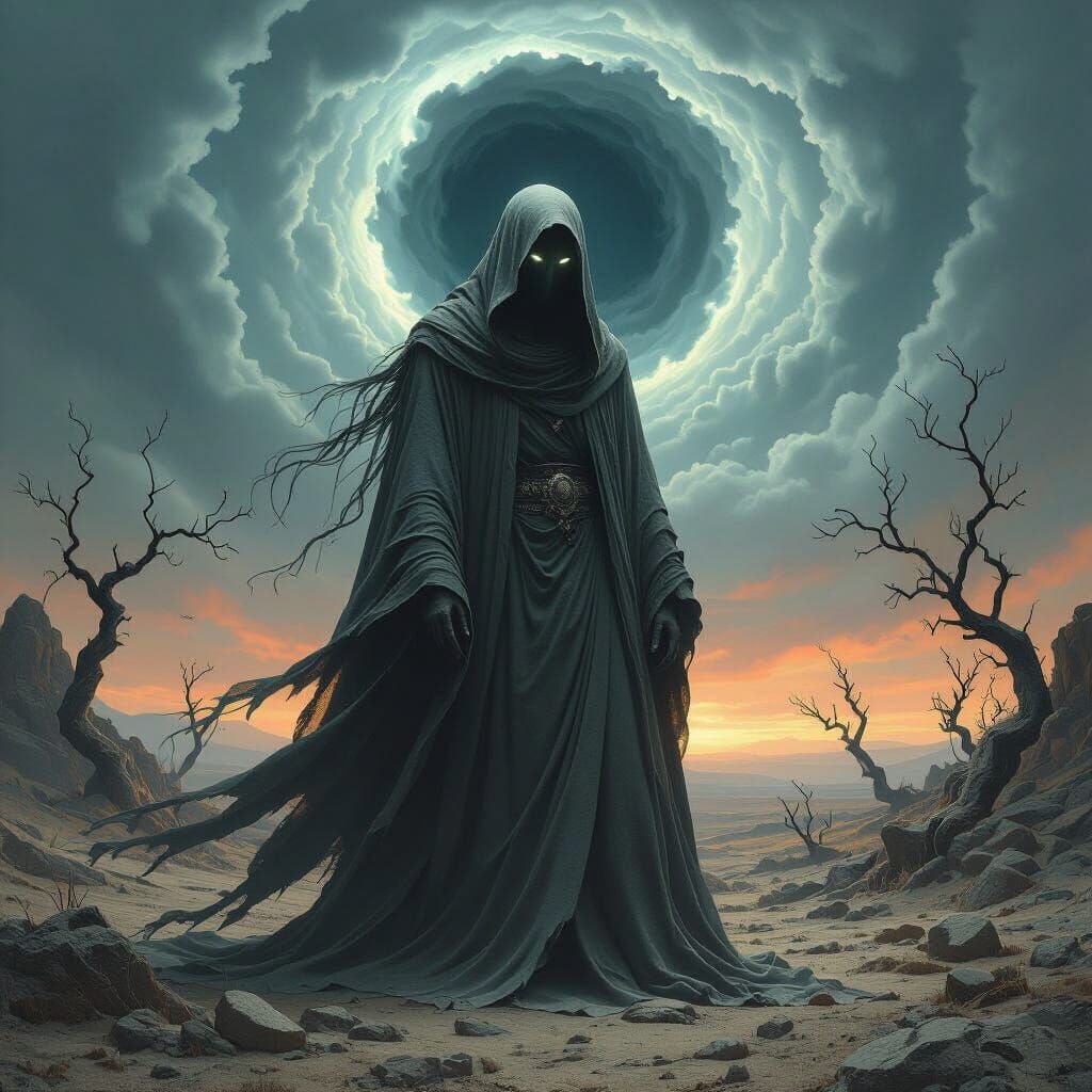 Ethereal Spectral Figure in Desolate Landscape