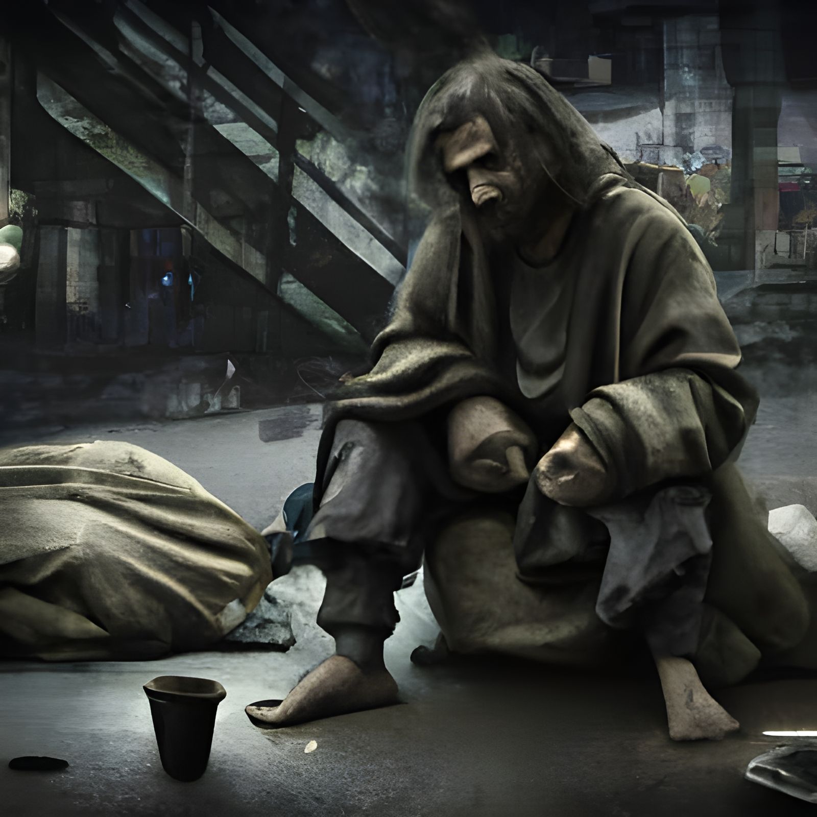 Detailed Matte Painting of a Homeless Person