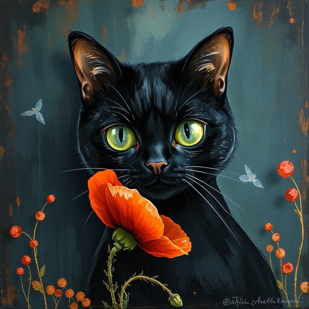 Whimsical Black Cat Contemplates a Vibrant Red Poppy in a Dr...