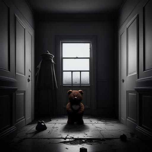 Eerie Teddy Bear Peeking Through Bathroom Door