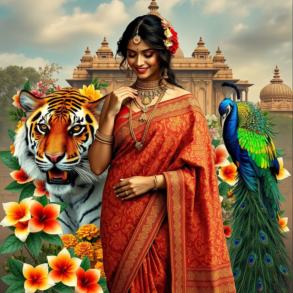 Photorealistic Collage: Indian Woman, Tiger, and Temple