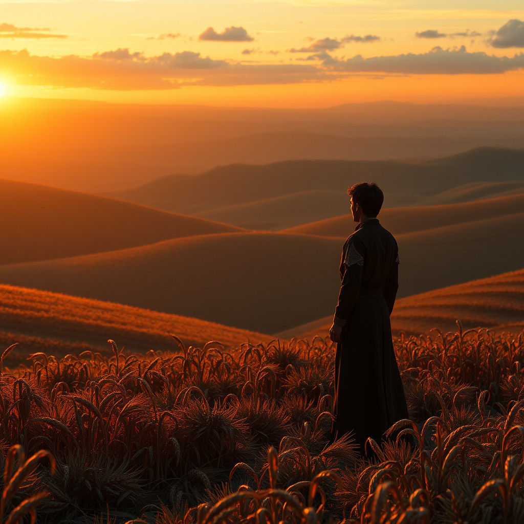 Harvest Landscape at Dusk with Contemplative Figure in Art N...