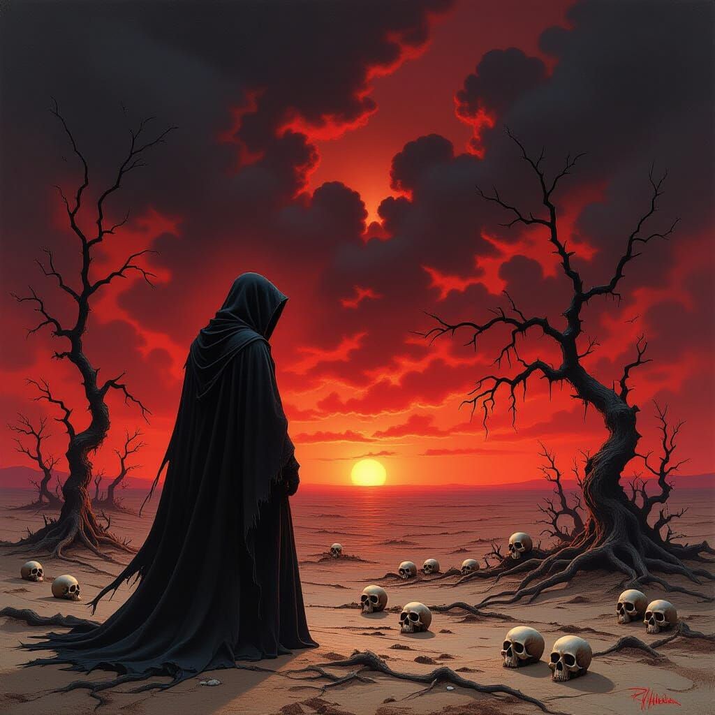 Eerie Wasteland: Lone Figure in a Digital Painting