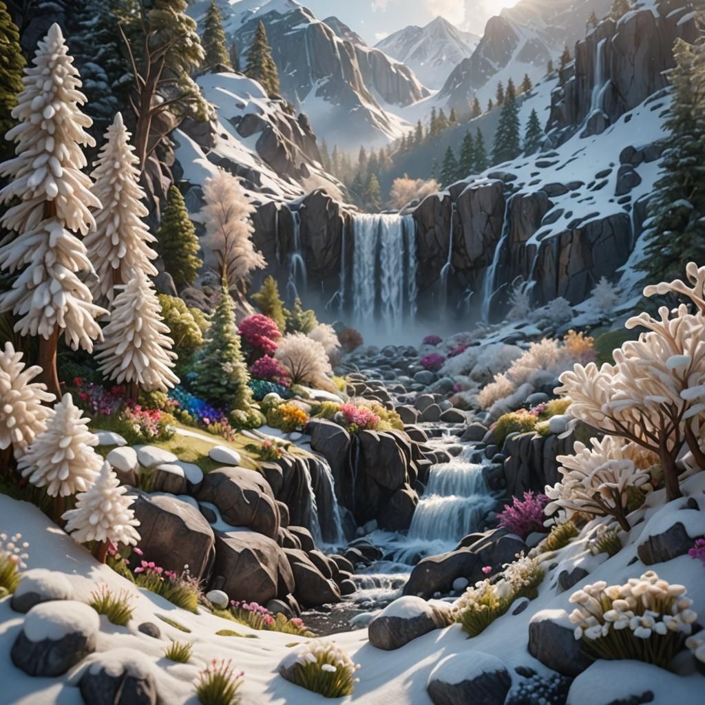 Miniature Knitted Landscape with Waterfall and Flowers