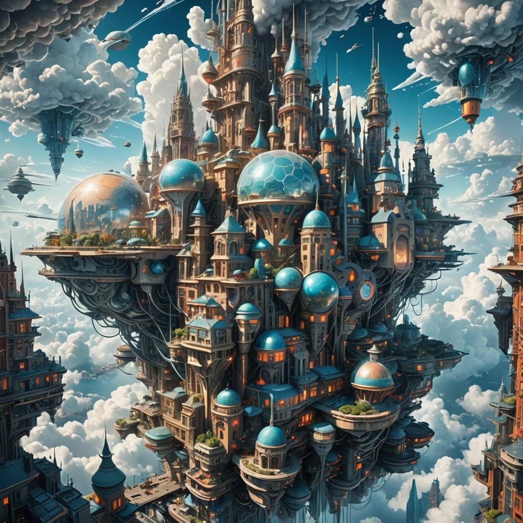 Futuristic City Floating in the Clouds, Detailed Photograph