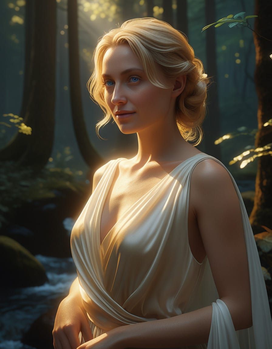 Woman in a Flowing White Gown Lost in Thought in a Golden Fo...