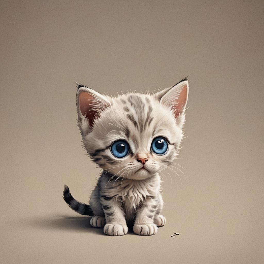 Sad Cartoon Kitten with Big Blue Eyes