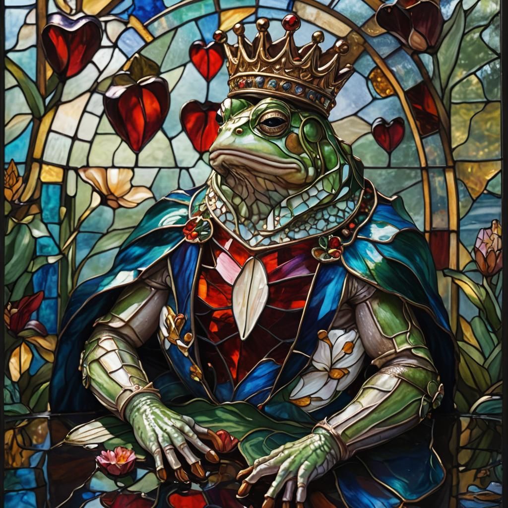 Regal Frog in Stained Glass Window
