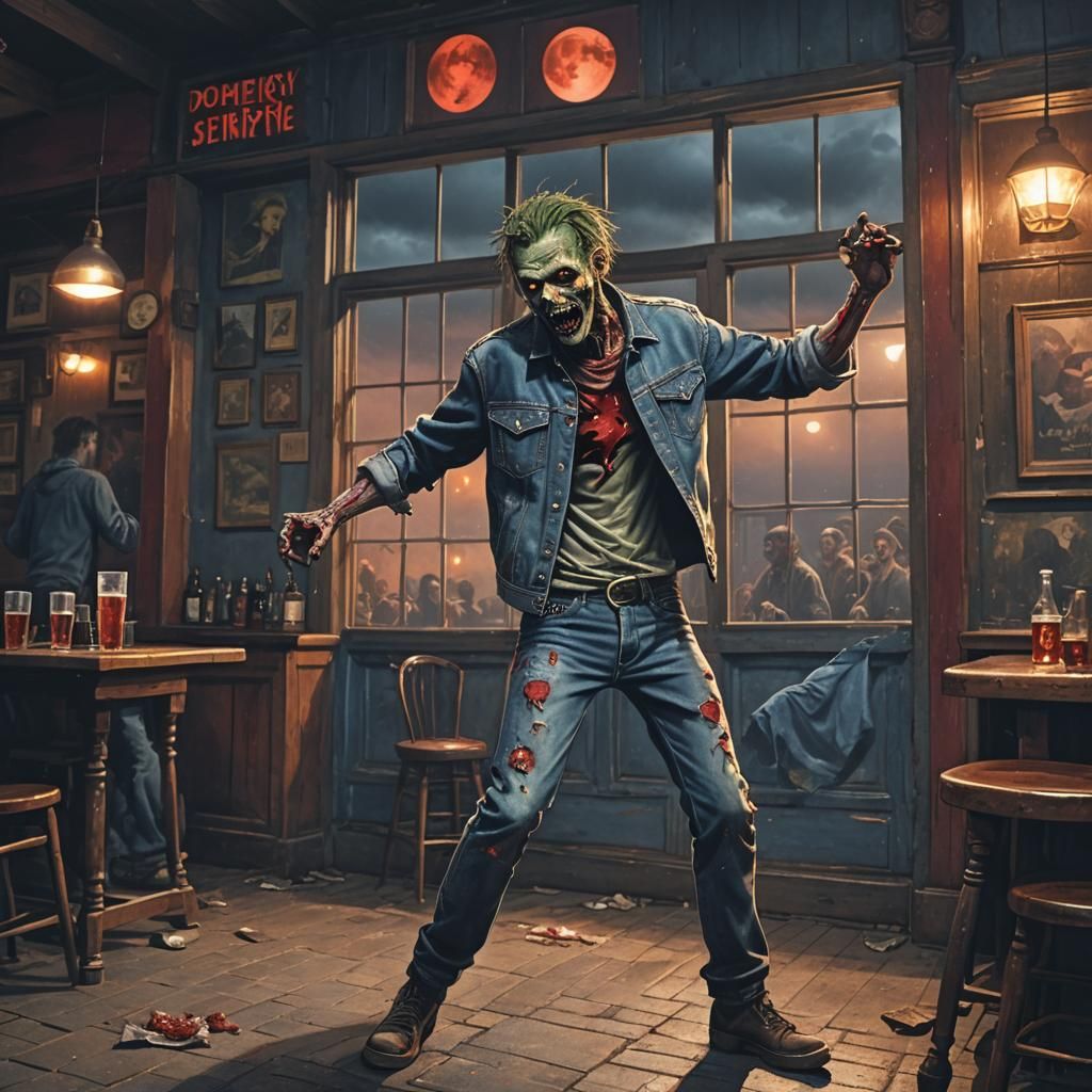 Zombie Dances in Pub Under Red Moon